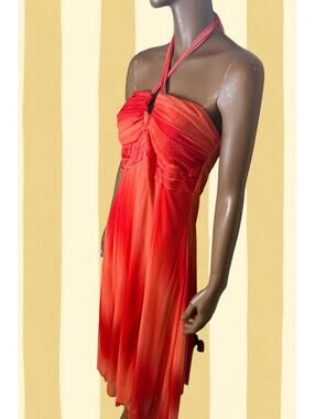 Red to Orange Ombre Y2k 00s Le Chateau Sparkly Halter Dress size M